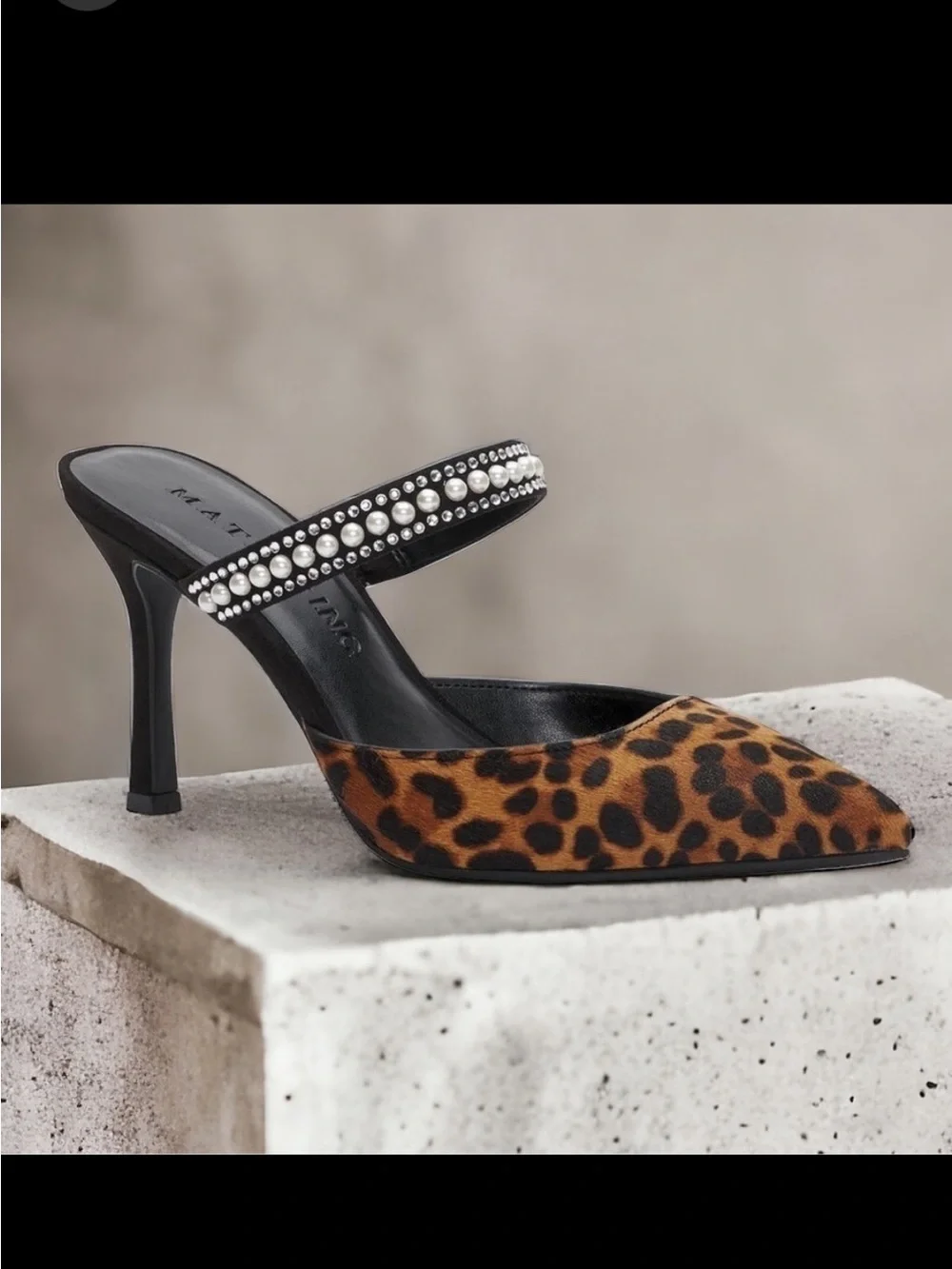 NEW INC Leopard print calf hair | pearl and rhinestone | mule heels Sz 8.5